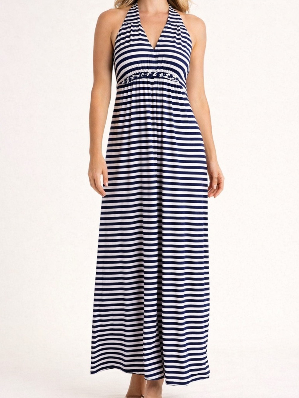 Chico’s Blue & White Striped Halter Maxi Dress Size 2 Flowing Summer Dress NWT